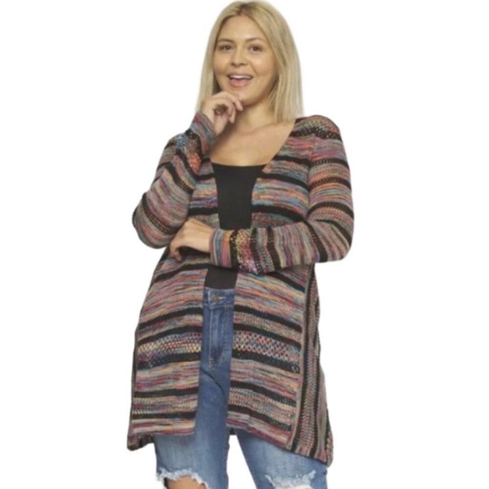 JohnPaulRichard Crochet‎ Cardigan Rainbow Multicolor Striped LARGE Open Front